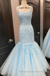 Straps Mermaid Light Blue Lace Appliqued Long Semi Formal Prom Dress